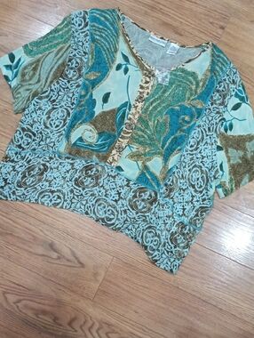 Mixed Print Teal and Gold Short Sleeve Blouse